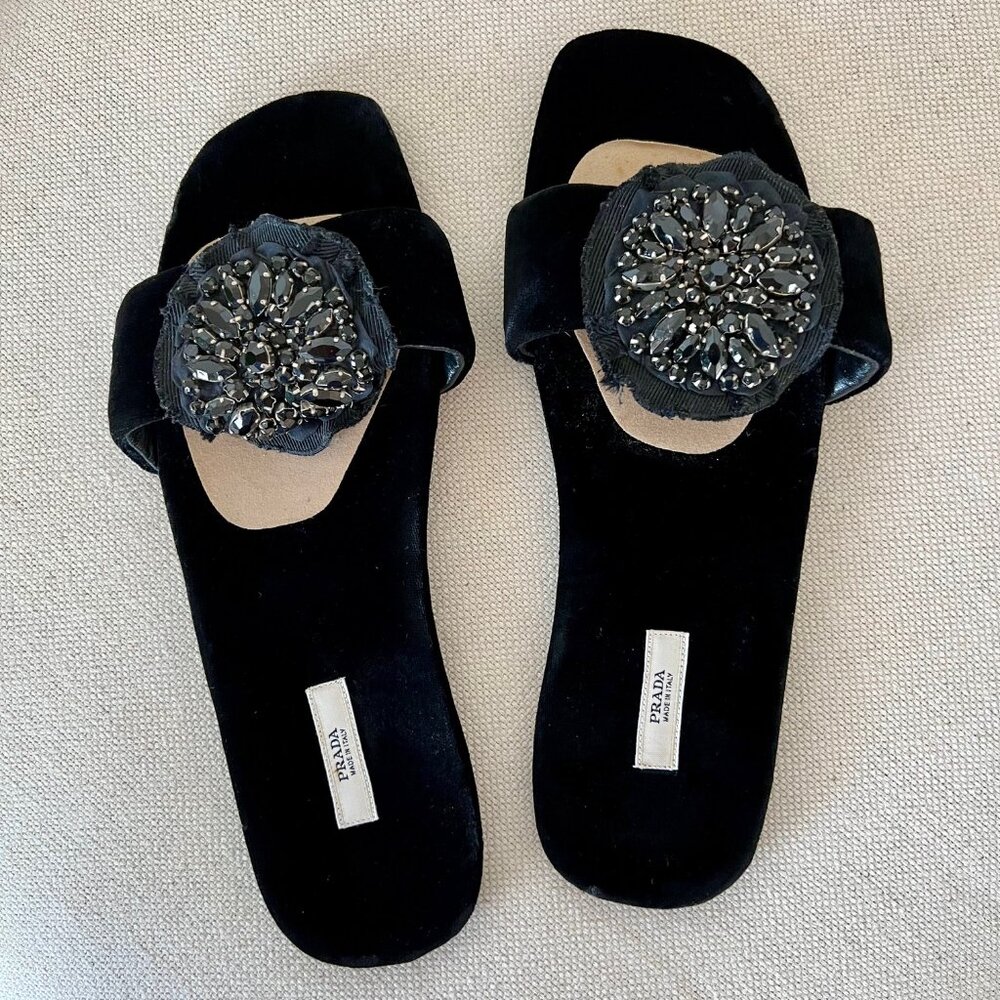 Vintage Prada Black Velvet Beaded Sandals EU Size 39